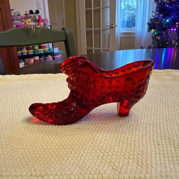 Vintage Fenton Ruby Red Hobnail Cat's Head Glass Slipper - Picture 1 of 7